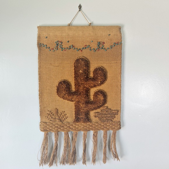 I.C.A. Other - Vintage 1986 ICA Woven Jute Wall Hanging Saguaro Cactus Turquoise Beads Art 80s